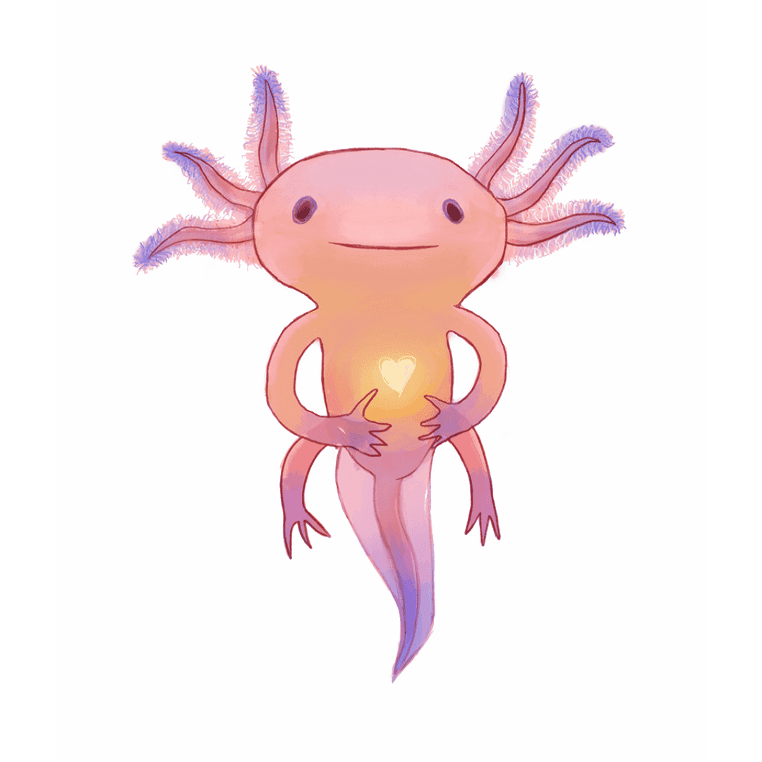 Pink axolotl with purple tips.
