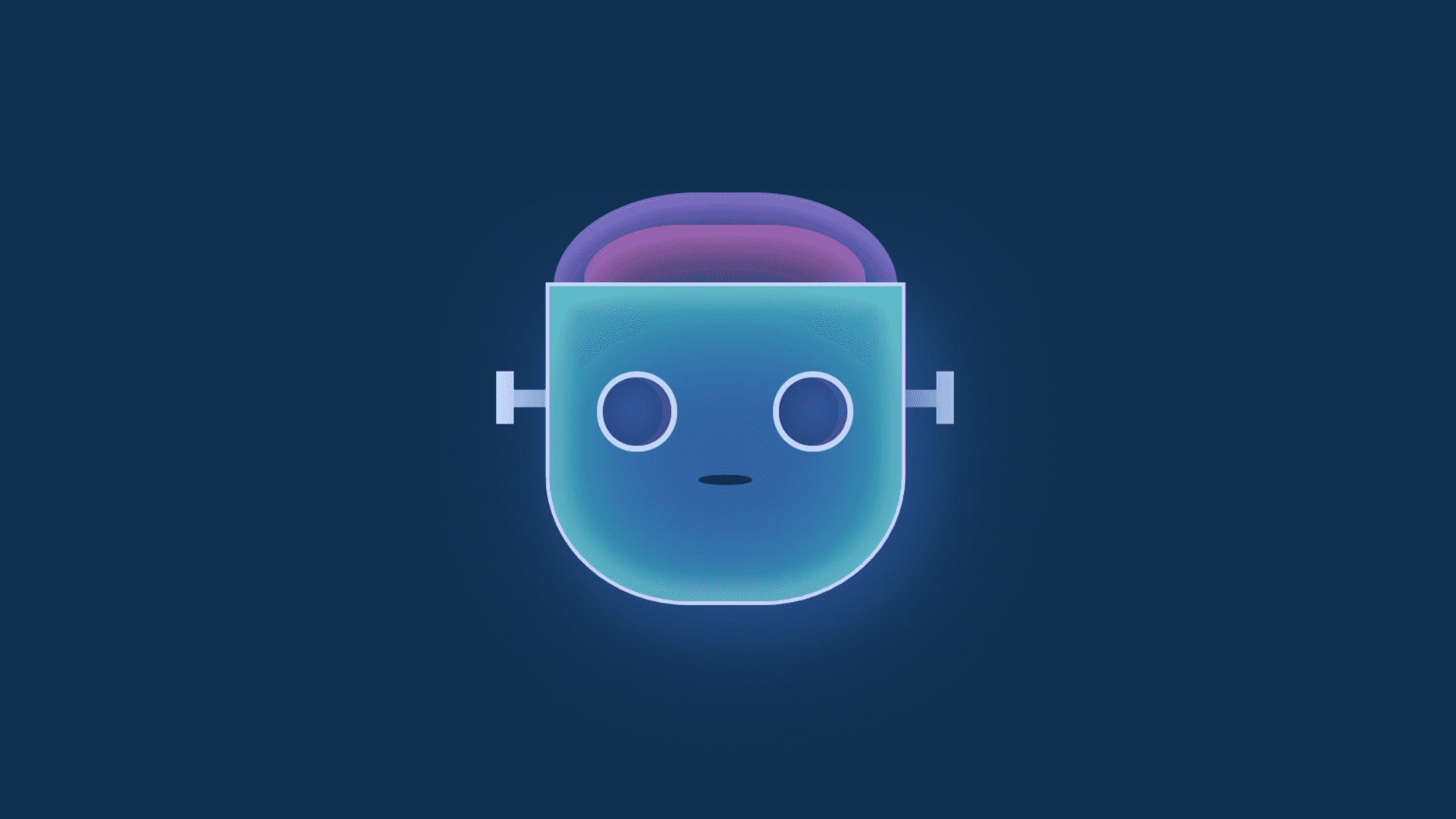 A cute robot with big eyes, a big glowing blue face, metal bolts on either side it's neck, and a pink brain exposed.