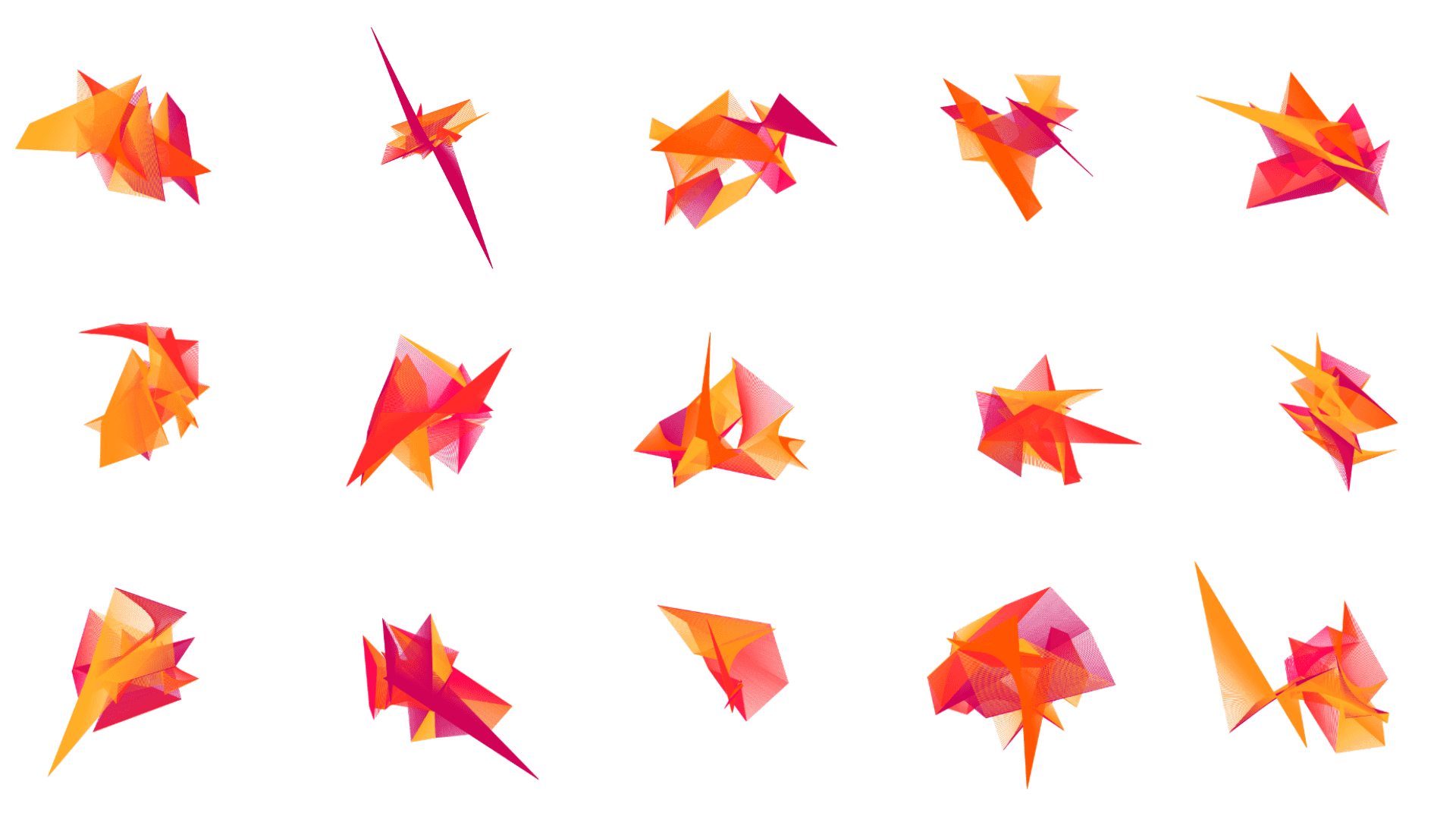 Geometric shapes made up of fine lines in yellow, orange and pink.
