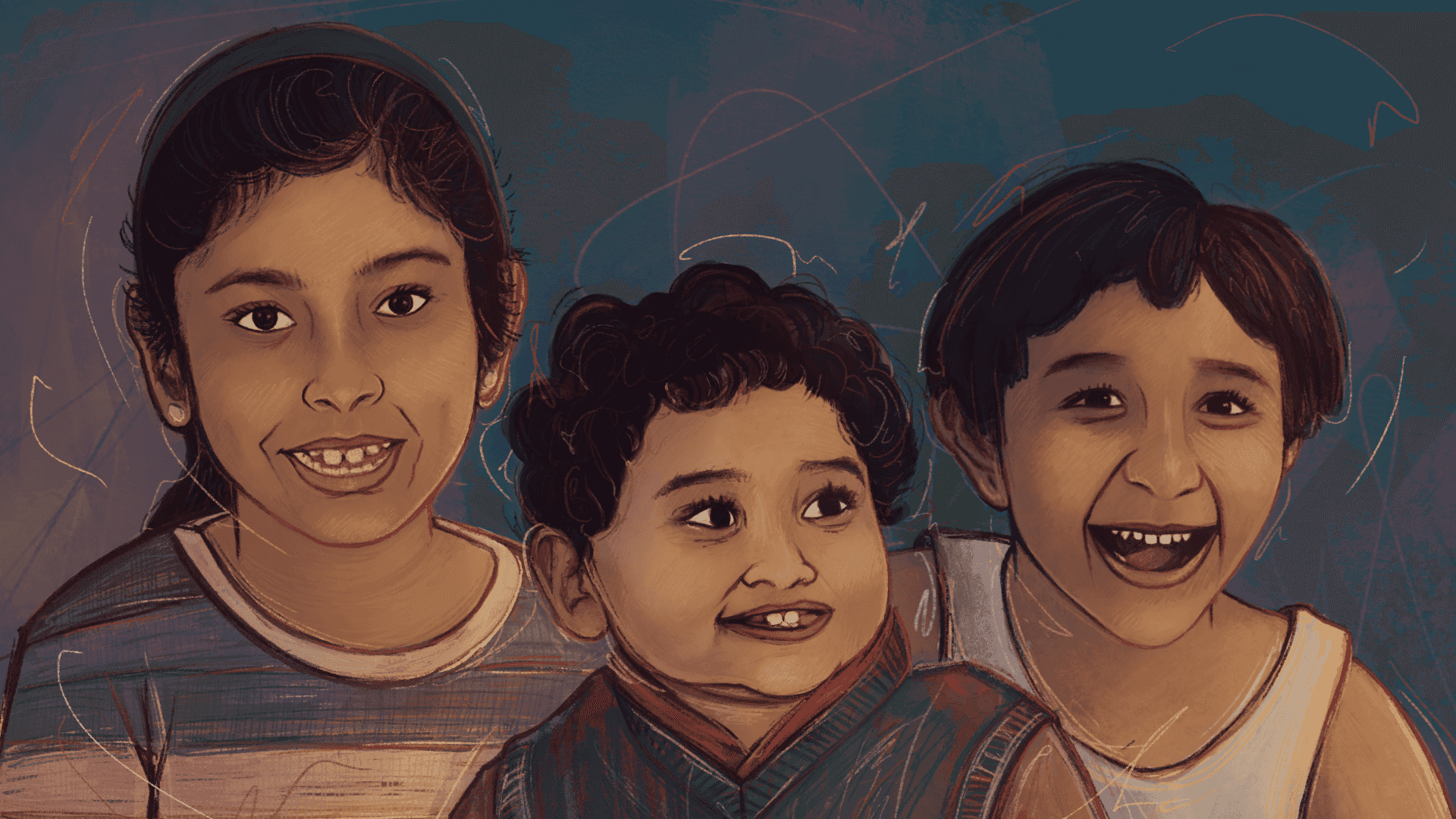 Sketchy portrait of three siblings