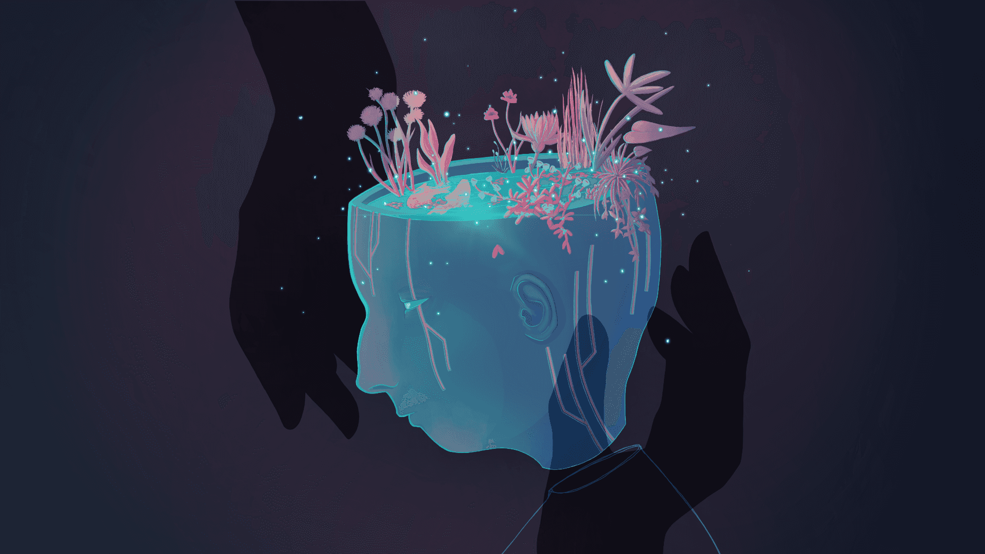 A glowing pool of blue liquid surrounded by pink flora sits inside a levitating blue head as shadow hands move towards it.