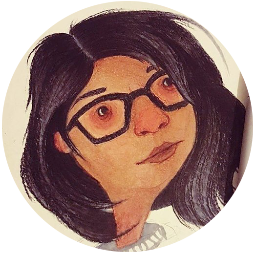 Portrait of Sumi with black framed glasses, in ink and pencil crayons